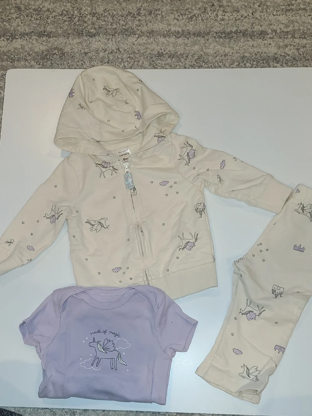 Carters Made Of Magic Baby Unicorn Hoodie Set with Lavender Onesie Size 6 Months